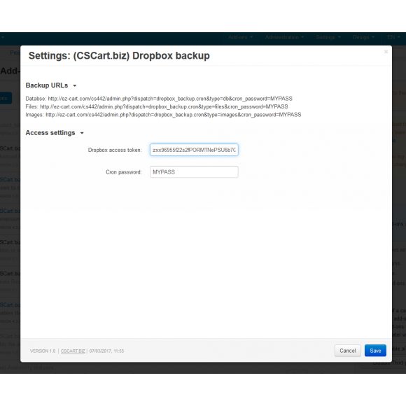 CS-Cart Dropbox Backup